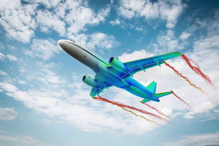 DLR Image of an airplane up in the air, visible from below/the side, with a simulation of flows running around it.
