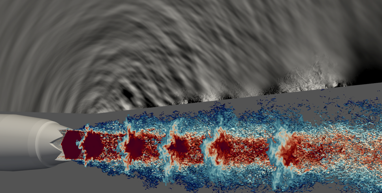 Aeroacoustic prediction for a jet emanating from SMC001 chevron nozzle. The visualization shows the chevron nozzle and turbulent flow structures and the instantaneous acoustic pressure field in a plane. Colors indicate the magnitude of the flow velocity and grey scales the magnitude of the acoustic pressure. (C) A. Niemöller, Institute of Aerodynamics, RWTH Aachen University