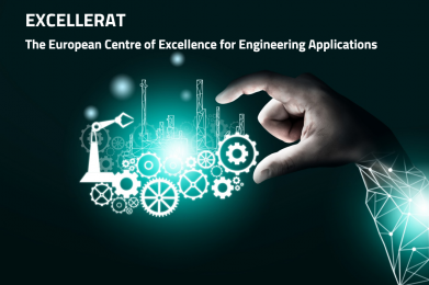 Header image of EXCELLERAT website, showing a hand interacting with gears and a machine.